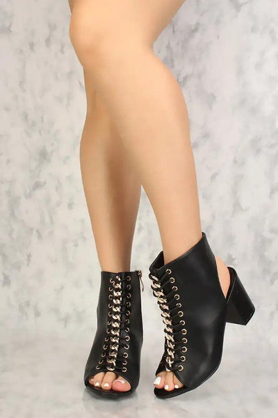 Sexy Black Lace Up Chunky Heel Booties Faux Leather - AMIClubwear