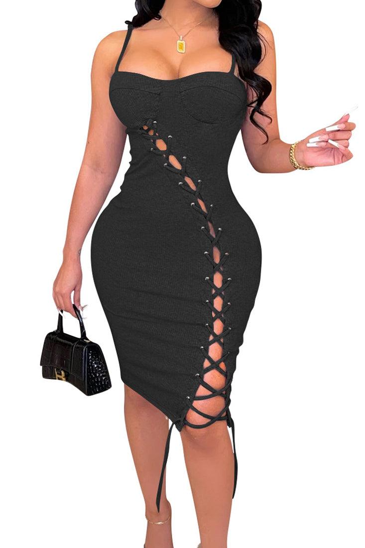 Sexy Black Lace Up Club Dress - AMIClubwear