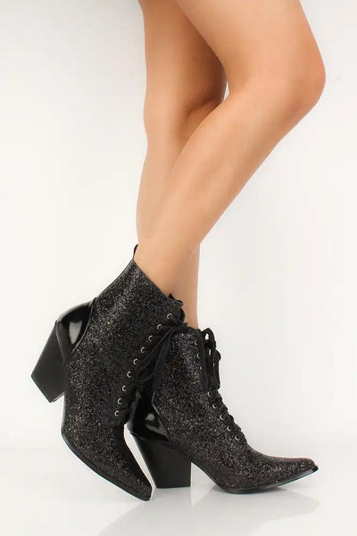 Sexy Black Lace Up Pointy Toe Chunky High Heels Booties Glitter - AMIClubwear