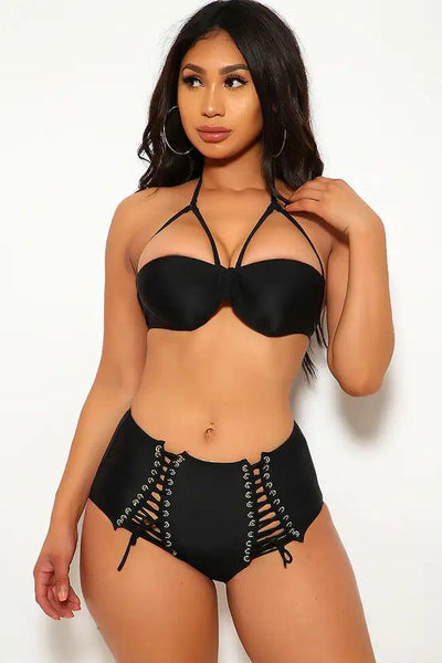 Sexy Black Lace Up Push Up Two Piece Swimsuit - AMIClubwear