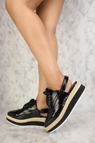 Sexy Black Lace Up Straw Platform Sneakers Patent - AMIClubwear