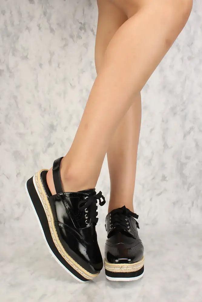 Sexy Black Lace Up Straw Platform Sneakers Patent - AMIClubwear