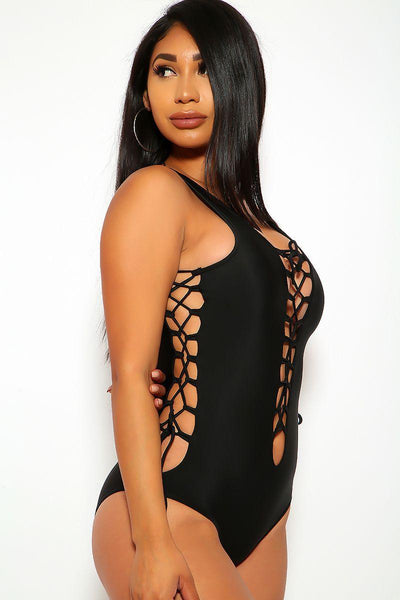 Sexy Black Lace Up Woven Cut Out One Piece Swimsuit - AMIClubwear