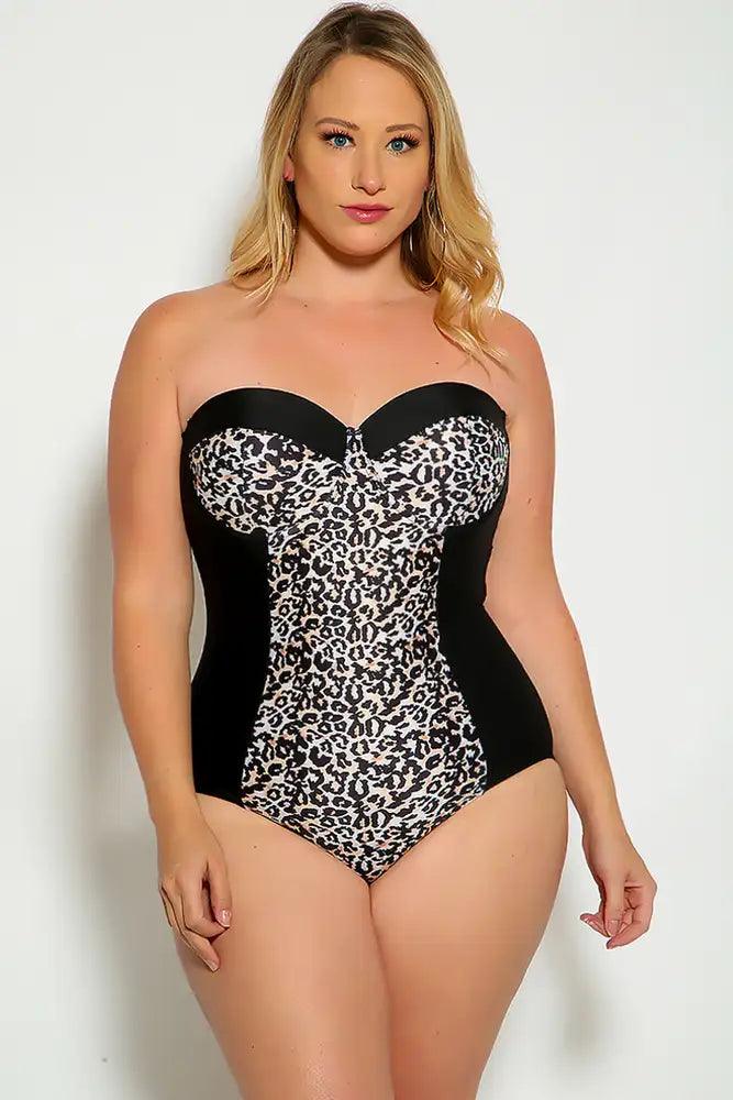 Sexy Black Leopard Padded Plus Size One Piece Swimsuit - AMIClubwear