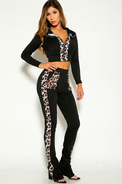 Sexy Black Leopard Print Long Sleeve Zipper Pants Track Suit Lounge Wear Outfit - AMIClubwear