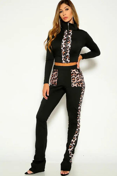 Sexy Black Leopard Print Long Sleeve Zipper Pants Track Suit Lounge Wear Outfit - AMIClubwear