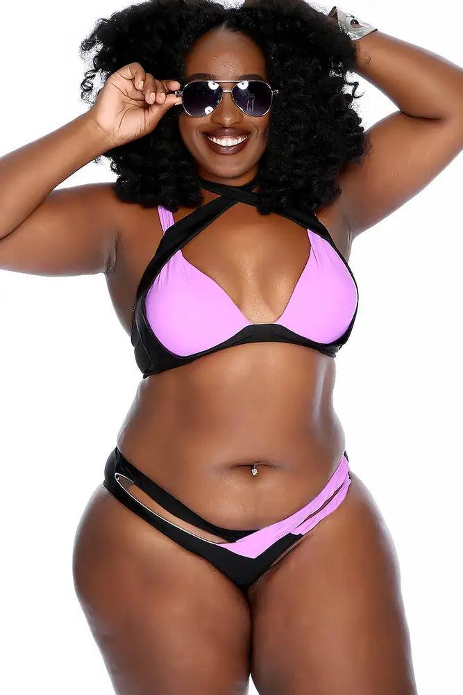 Sexy Black Lilac Strappy Two Tone Color Block Bikini Two Piece Swimsuit - AMIClubwear