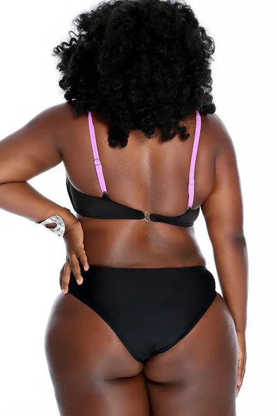Sexy Black Lilac Strappy Two Tone Color Block Bikini Two Piece Swimsuit - AMIClubwear