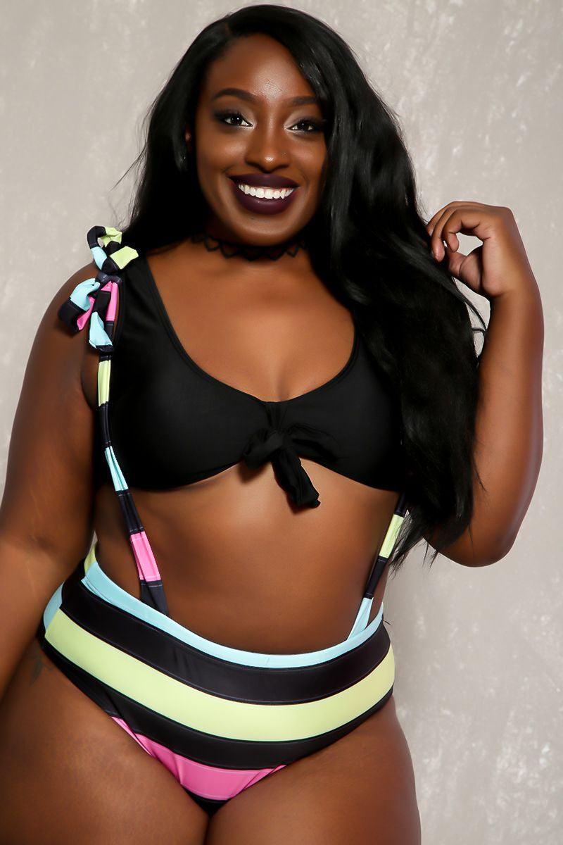 Sexy Black Lime High Waist Suspender Plus Size Two Piece Swimsuit - AMIClubwear