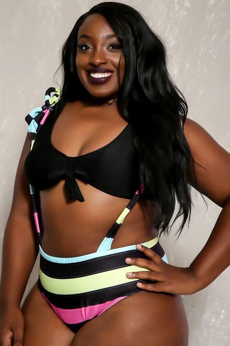Sexy Black Lime High Waist Suspender Plus Size Two Piece Swimsuit