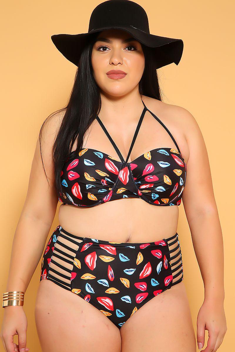 Sexy Black Lips Print Strappy Padded 2Pc. High Waist Plus Size Swimsuit - AMIClubwear