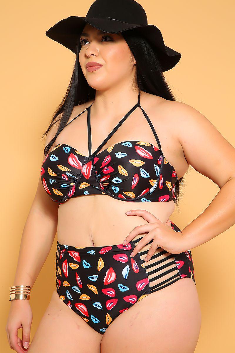 Sexy Black Lips Print Strappy Padded 2Pc. High Waist Plus Size Swimsuit - AMIClubwear