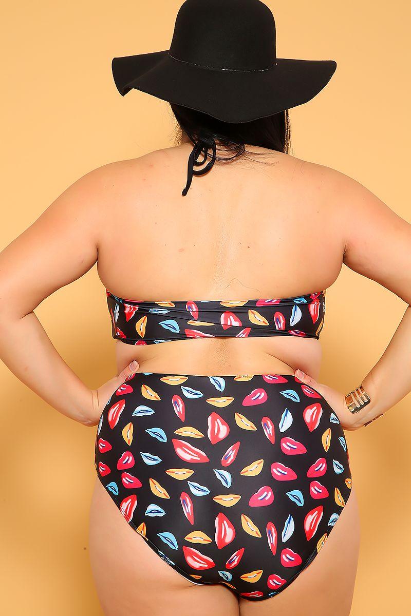 Sexy Black Lips Print Strappy Padded 2Pc. High Waist Plus Size Swimsuit - AMIClubwear