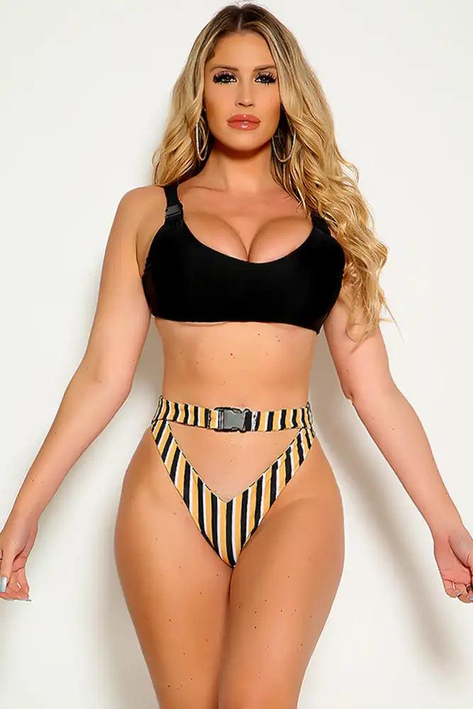 Sexy Black Marigold Printed Buckle Strap Two Piece Swimsuit - AMIClubwear