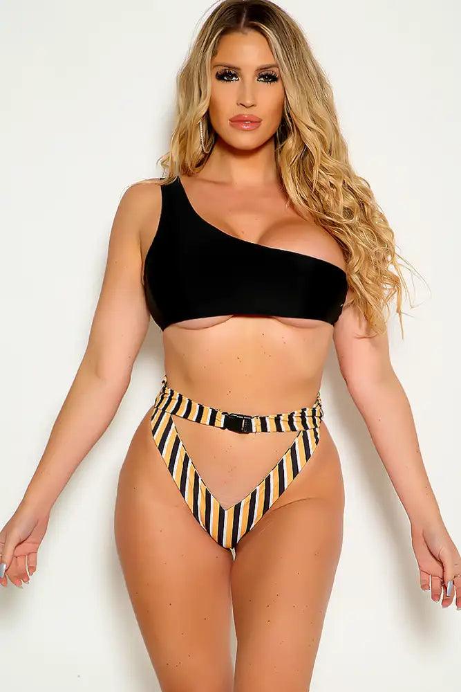 Sexy Black Marigold Printed One Shoulder Two Piece Swimsuit - AMIClubwear