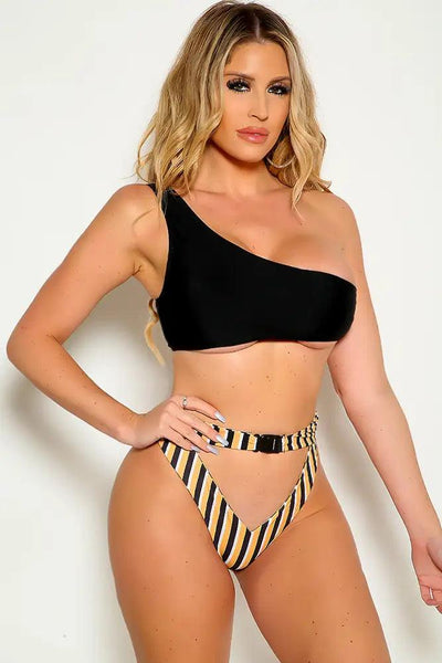 Sexy Black Marigold Printed One Shoulder Two Piece Swimsuit - AMIClubwear