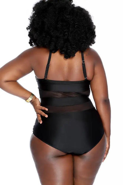 Sexy Black Mesh Cut Out One Piece Plus Size Swimsuit - AMIClubwear