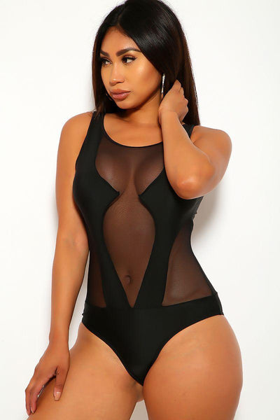 Sexy Black Mesh Cut Out One Piece Swimsuit - AMIClubwear