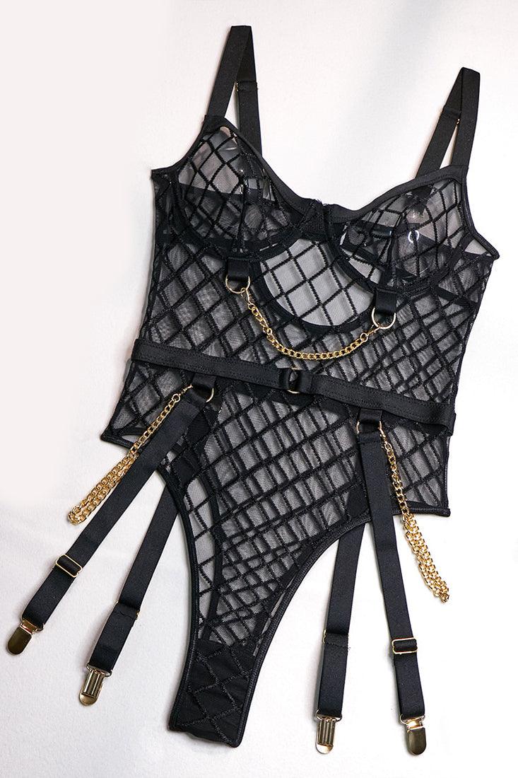 Sexy Black Mesh Netted One Piece Lingerie With Garter Straps - AMIClubwear