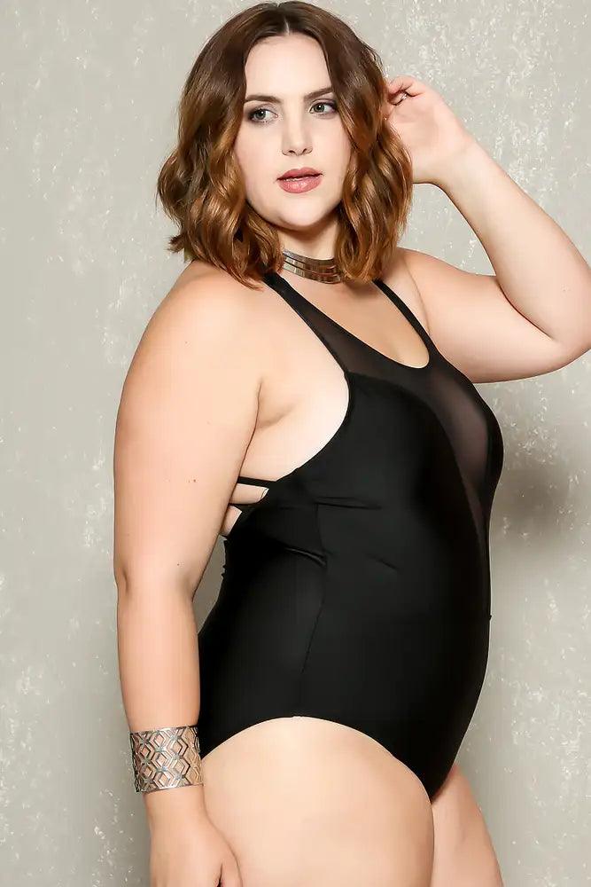 Sexy Black Mesh Padded Strappy Plus Size One Piece Swimsuit - AMIClubwear