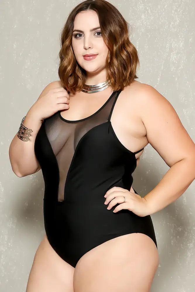 Sexy Black Mesh Padded Strappy Plus Size One Piece Swimsuit - AMIClubwear