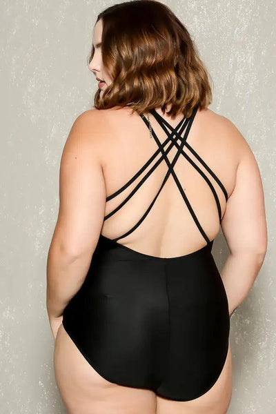 Sexy Black Mesh Padded Strappy Plus Size One Piece Swimsuit - AMIClubwear