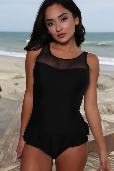 Sexy Black Mesh Panel Ruffled One Piece Swimsuit - AMIClubwear