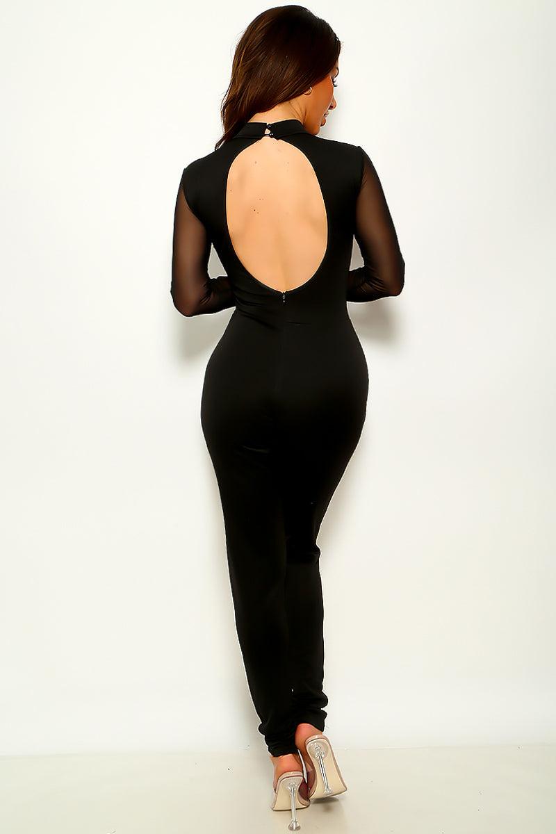 Sexy Black Mesh Studded Jumpsuit With Open Back - AMIClubwear
