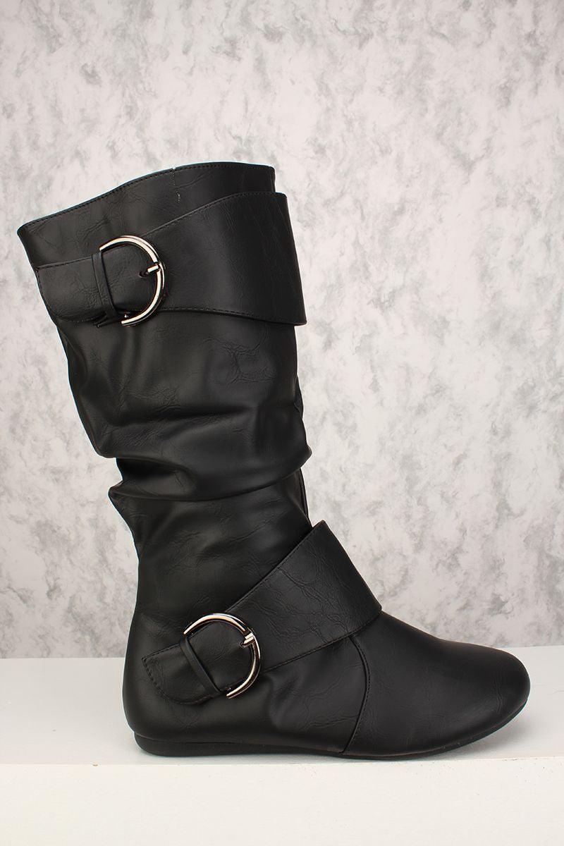 Sexy Black Mid-Calf Buckle Flat Boots Faux Leather - AMIClubwear