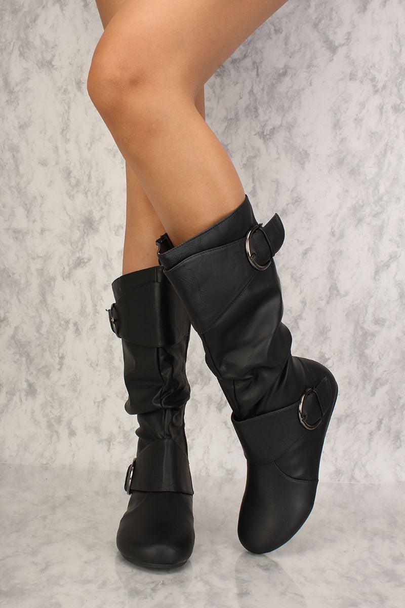Sexy Black Mid-Calf Buckle Flat Boots Faux Leather - AMIClubwear