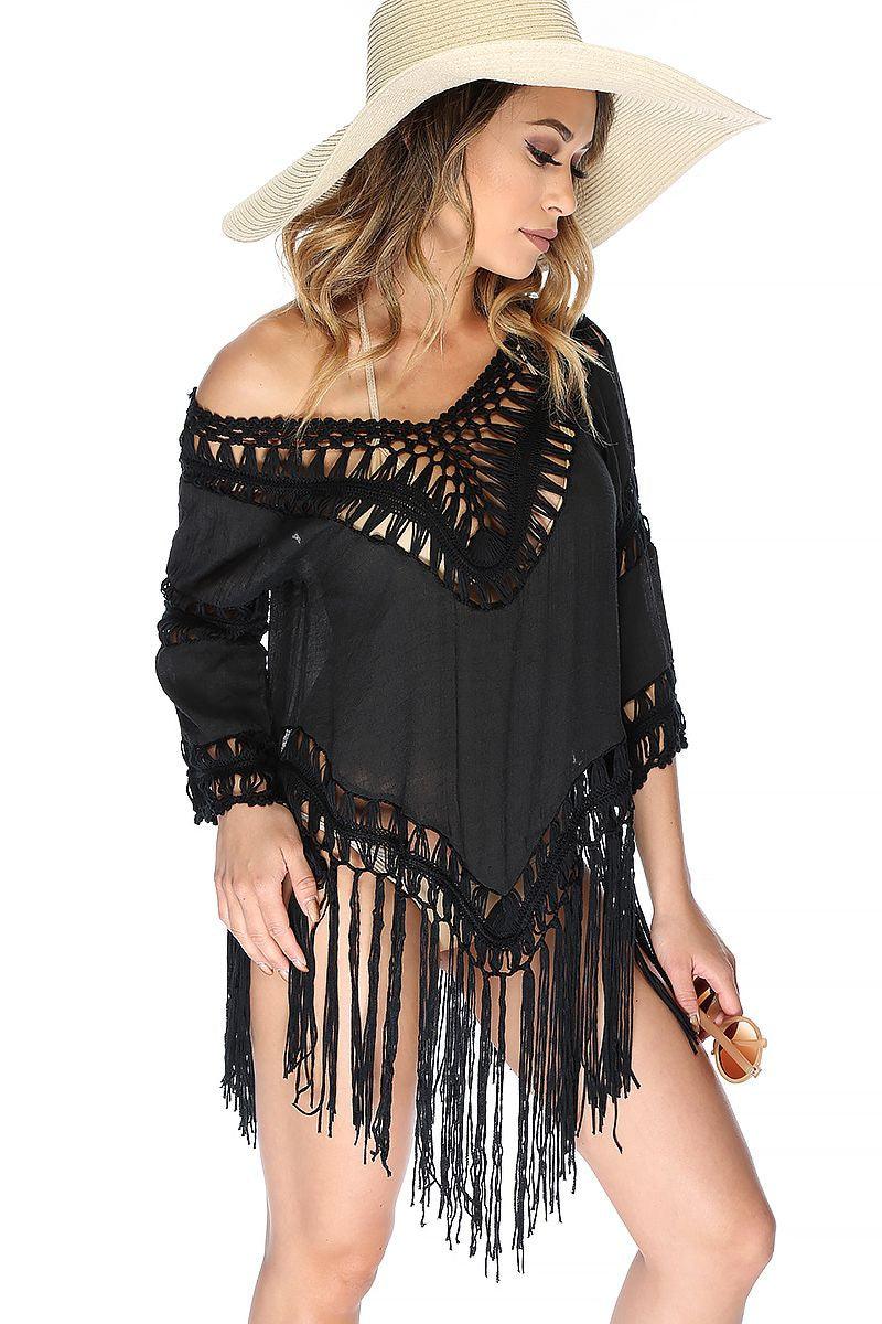 Sexy Black Mid Long Sleeve Embroidered Crochet Long Sleeve Fringe Swimsuit Cover Up - AMIClubwear