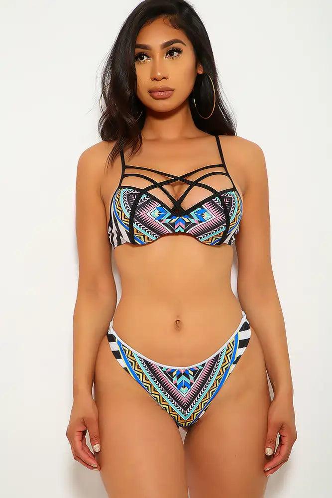 Sexy Black Mint Geometric Print Strappy Cutouts Push Up Two Piece Swimsuit - AMIClubwear