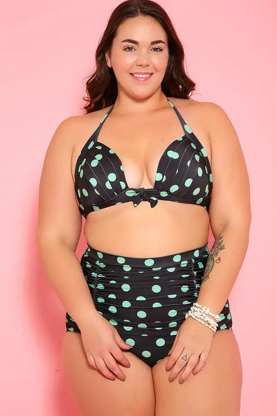 Sexy Black Mint Printed Padded Two Piece High Waist Plus Size Swimsuit - AMIClubwear