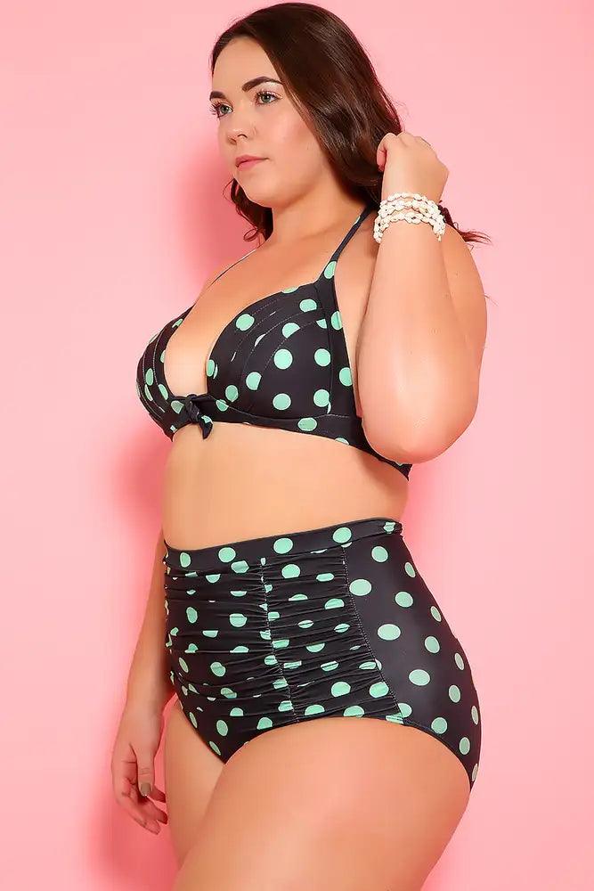 Sexy Black Mint Printed Padded Two Piece High Waist Plus Size Swimsuit - AMIClubwear