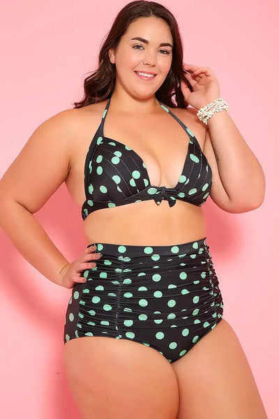 Sexy Black Mint Printed Padded Two Piece High Waist Plus Size Swimsuit - AMIClubwear