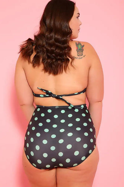 Sexy Black Mint Printed Padded Two Piece High Waist Plus Size Swimsuit - AMIClubwear