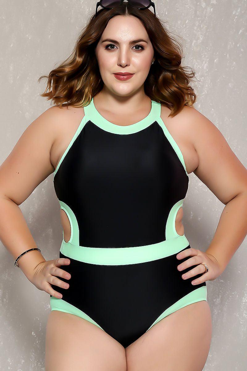 Sexy Black Mint Two Tone Cutout Plus Size One Piece Swimsuit - AMIClubwear