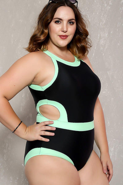 Sexy Black Mint Two Tone Cutout Plus Size One Piece Swimsuit - AMIClubwear