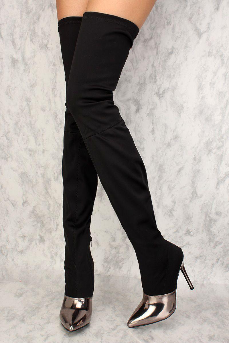 Sexy Black Mirror Pointy Toe Thigh High Heel Boots Lycra - AMIClubwear