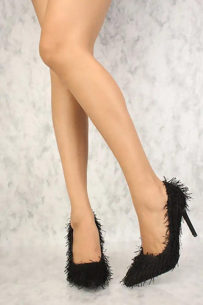 Sexy Black Mohair Pointy Toe Single Sole High Heels - AMIClubwear