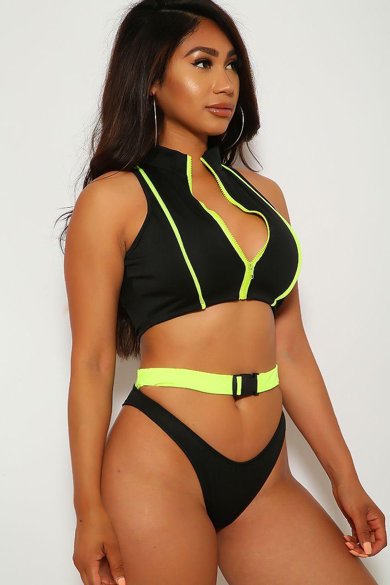 Sexy Black Neon Lime Zip Buckle Detail Two Piece Swimsuit - AMIClubwear