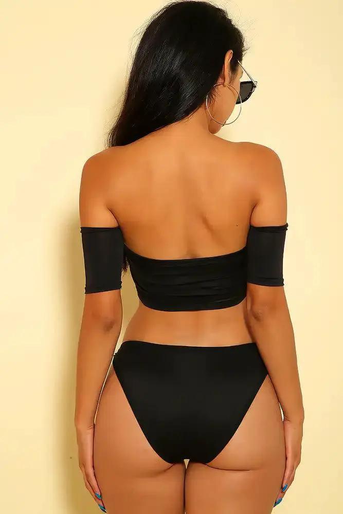 Sexy Black Netted Sheer Paneled Off The Shoulder Two Piece Swimsuit