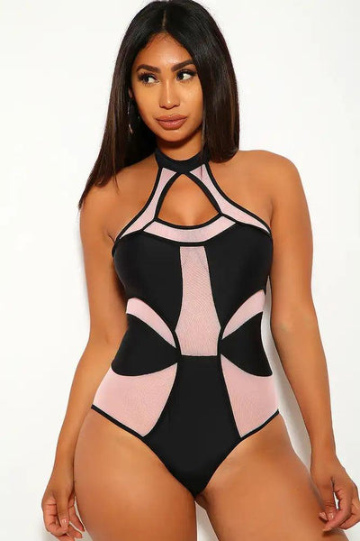 Sexy Black Nude Mesh Cut Out One Piece Swimsuit - AMIClubwear