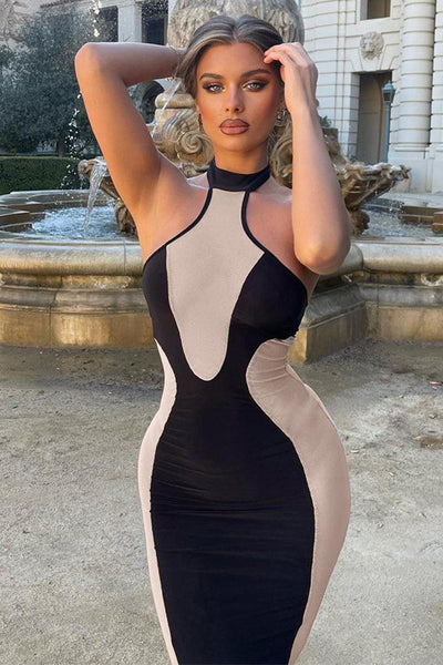 Sexy Black Nude Sleeves Party Dress With Colar - AMIClubwear