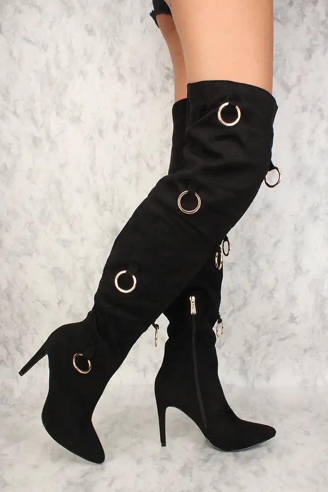 Sexy Black O-Ring Accent Thigh High Heels - AMIClubwear