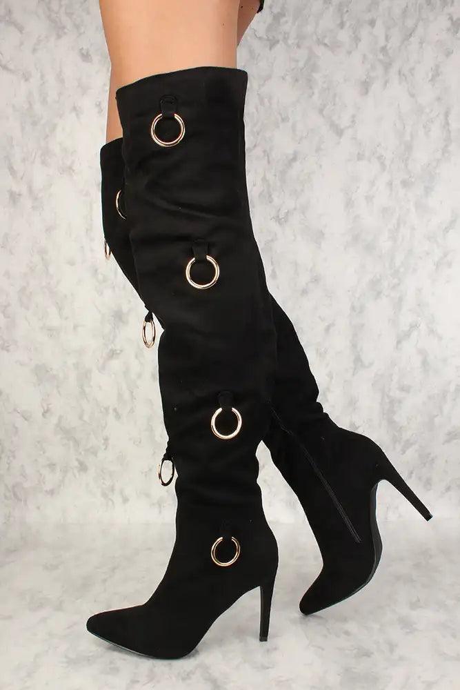 Sexy Black O-Ring Accent Thigh High Heels - AMIClubwear