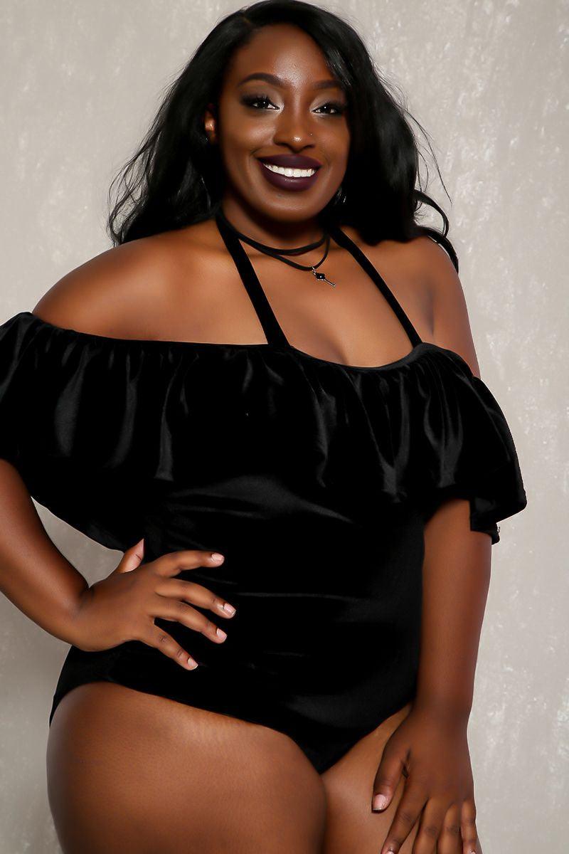 Sexy Black Off Shoulder Overlay Faux Velvet Plus Size Swimsuit - AMIClubwear