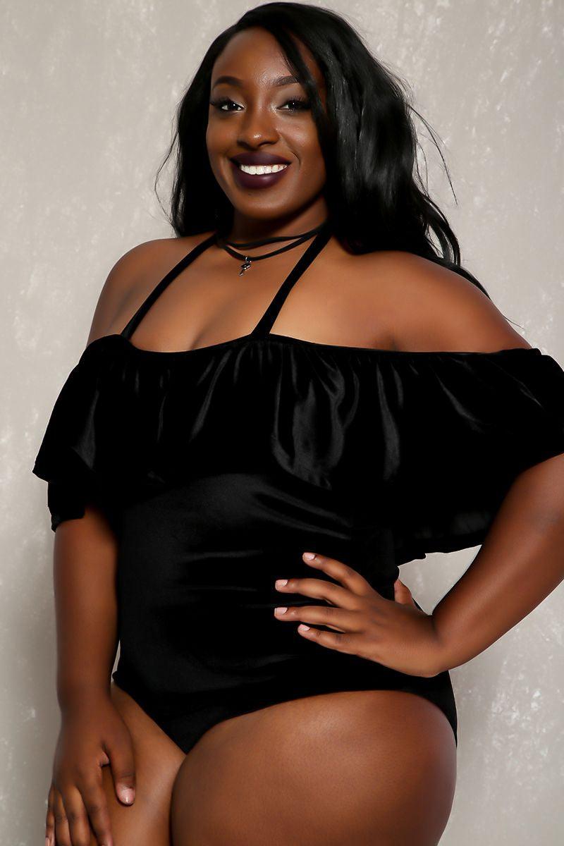 Sexy Black Off Shoulder Overlay Faux Velvet Plus Size Swimsuit - AMIClubwear