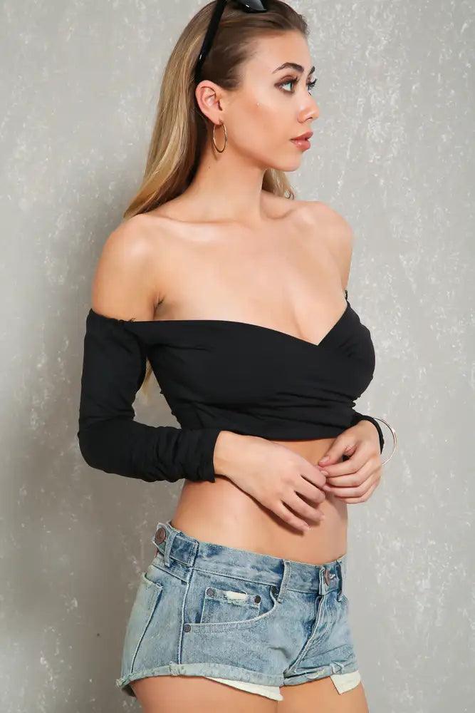 Sexy Black Off The Shoulder Long Sleeve Crop Top - AMIClubwear