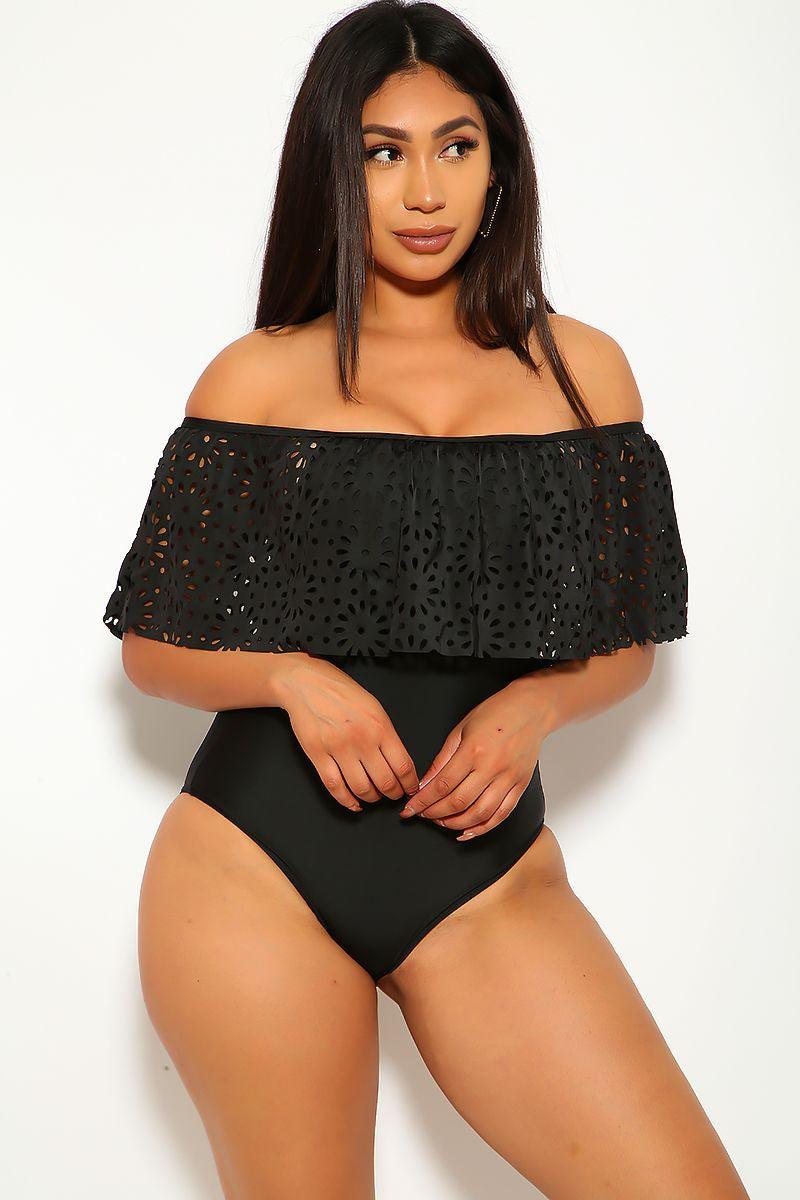 Sexy Black Off The Shoulder Perforated One Piece Swimsuit - AMIClubwear